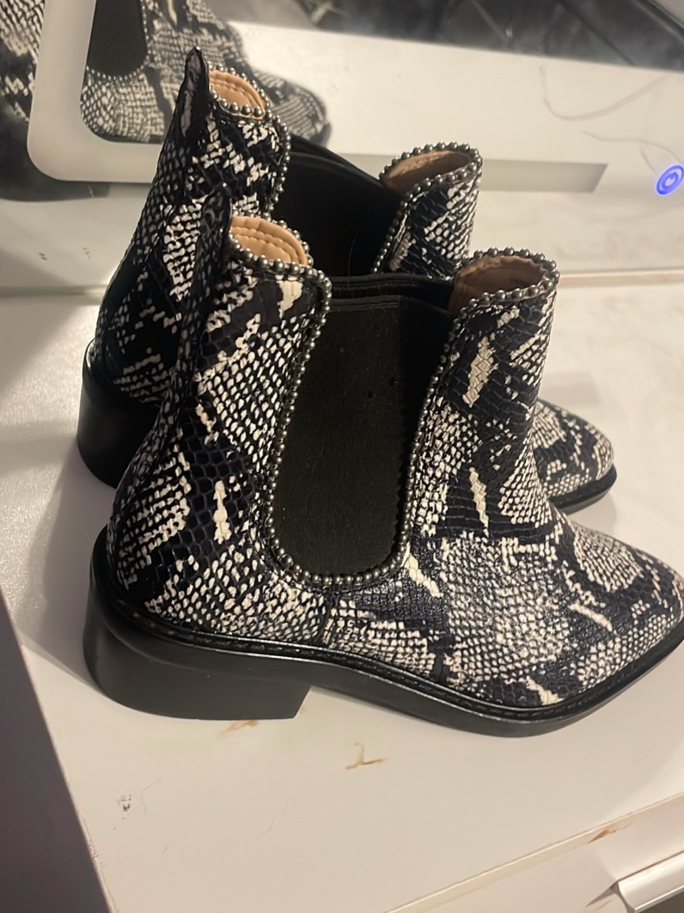 Coach Black & White Snake-Print Chelsea Booties